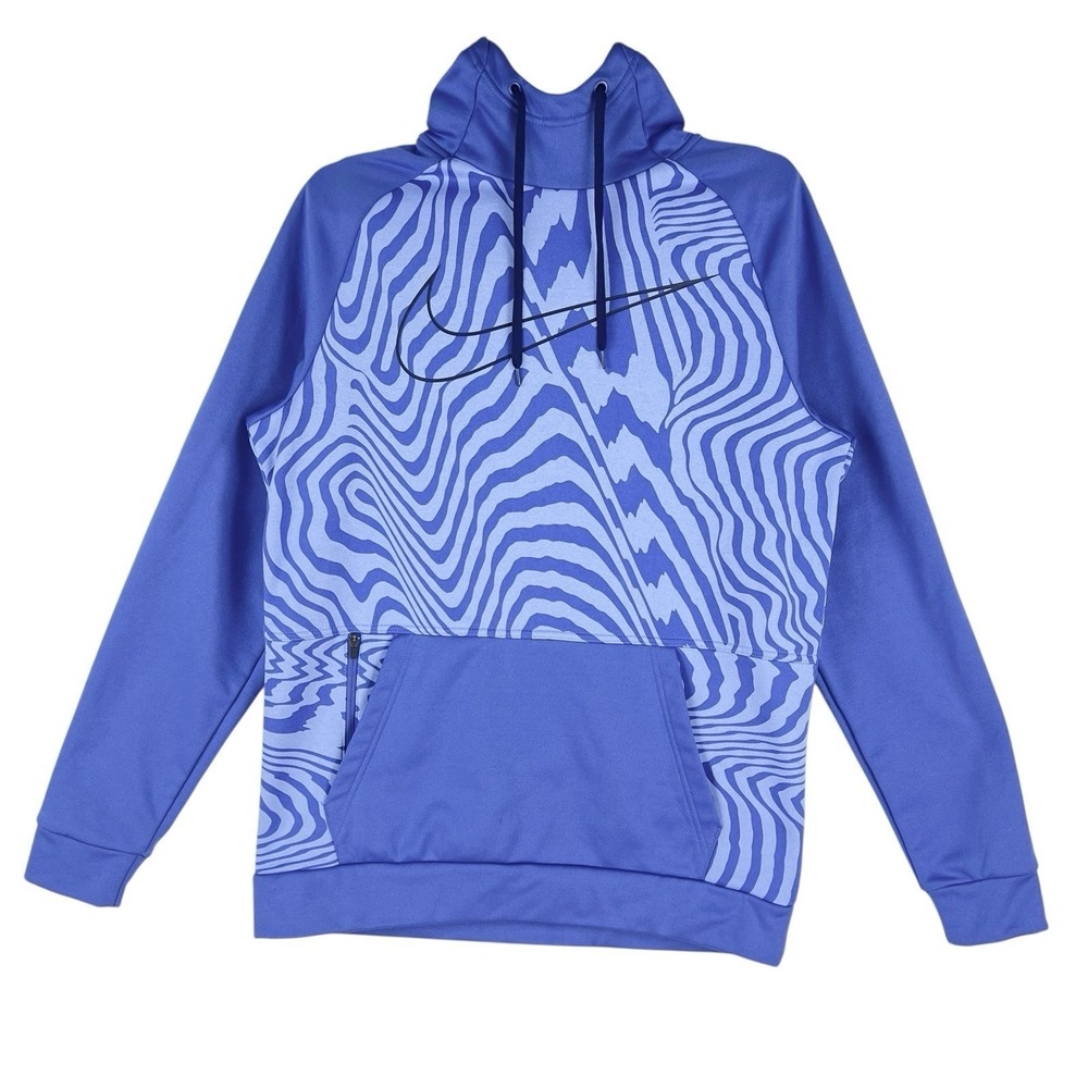 NIKE Men's Dri Fit Active Blue Therma Hooded Sweatshirt Size S Swirl Zebra Print